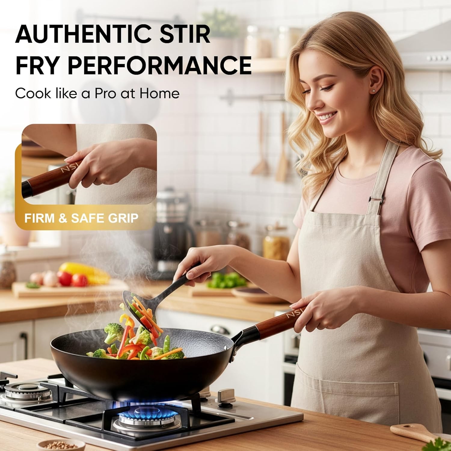 12.6 Inch Carbon Steel Wok Pan with Glass Cover, Pre-Seasoned Nonstick Flat
