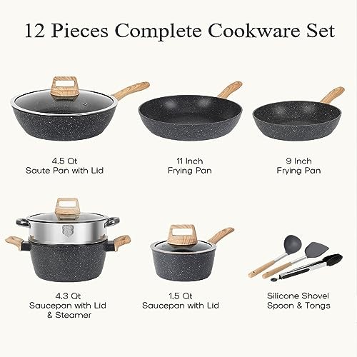 12 Pcs Pots and Pans Set, Nonstick Cookware Sets Granite 12 Pieces Black