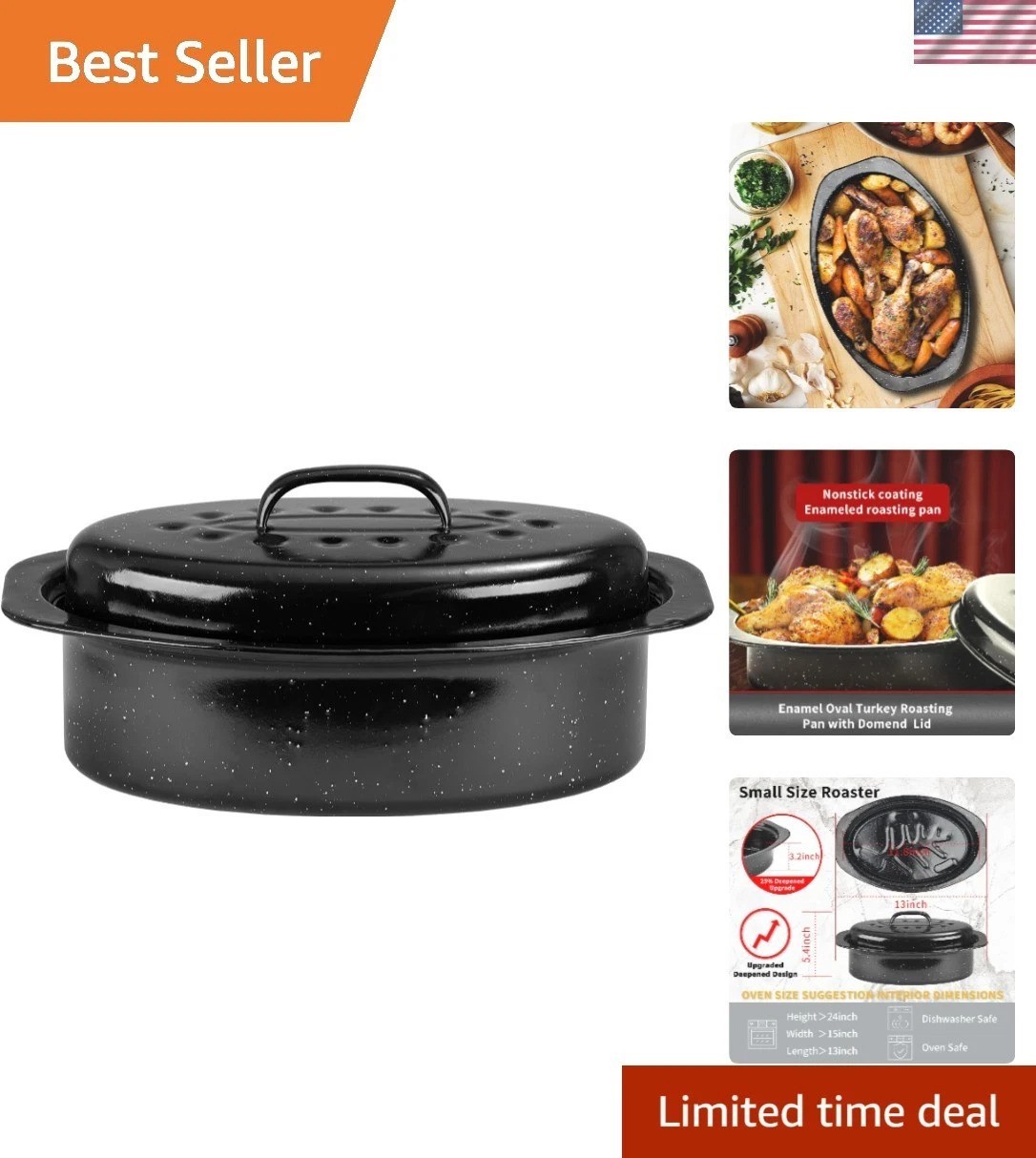 Elegant 13” Oval Enameled Roaster Pan with Domed Lid – Perfect for Small Meals