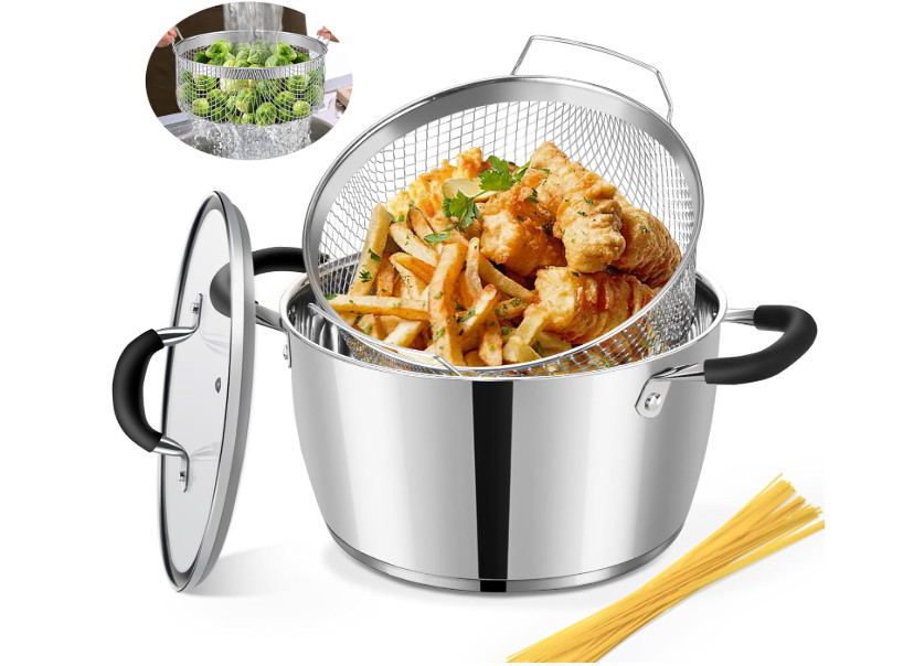 Olla acero inoxidable 6QT con cesta freidora y tapa, apta para todas cocinas