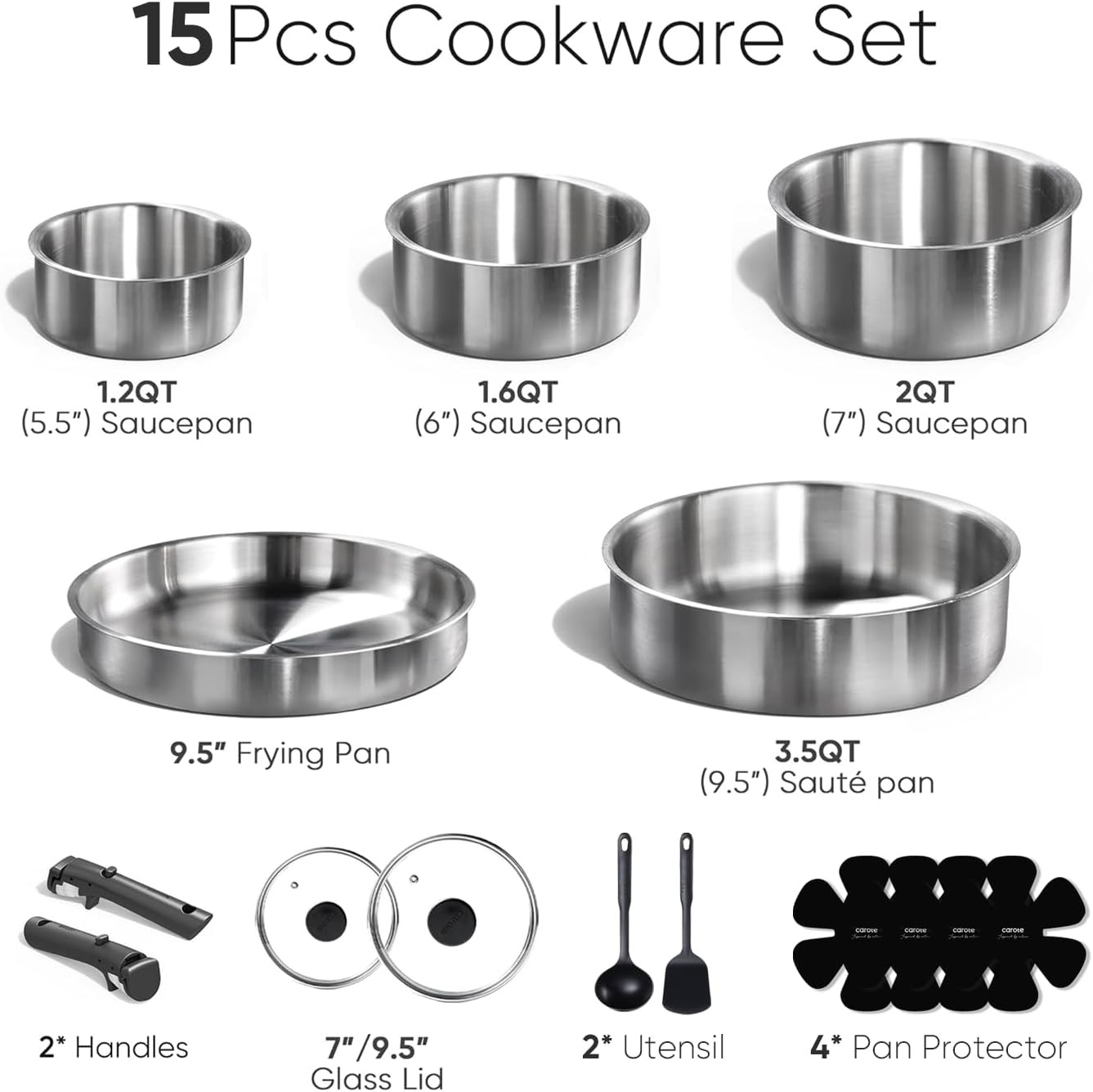 Pots and Pans Set, Stainless Steel Cookware Set Detachable Handle, 15Pcs Inducti