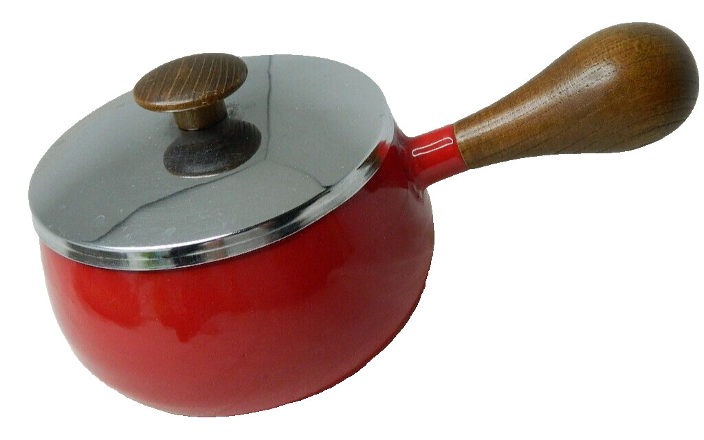 Enamelware Sauce Pan Red with Wooden Handle and Stainless Lid w/Wooden Knob