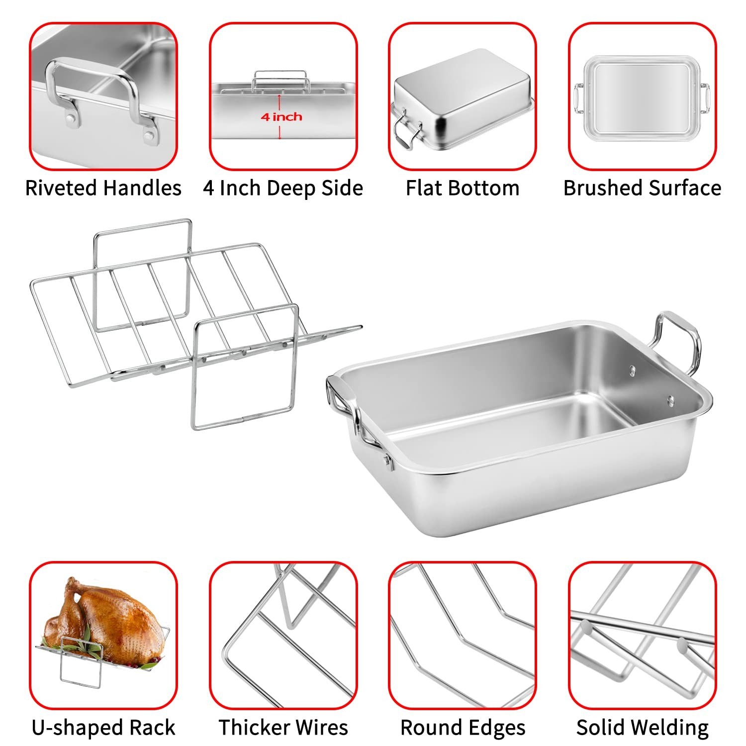 15″ Stainless Steel Roasting Pan with Cooling Rack – V-Shaped Turkey & Chicken R
