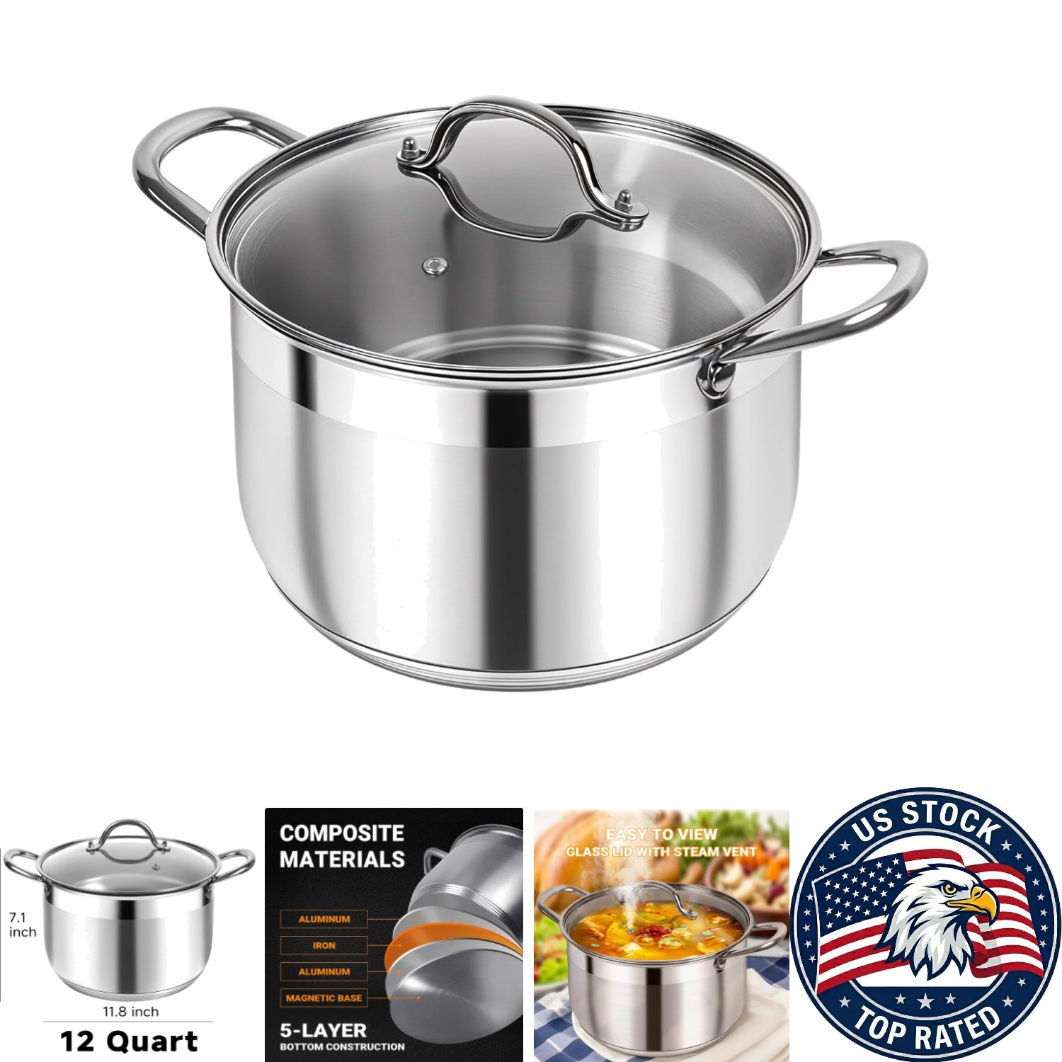 Non-Stick 12 Quart Stainless Steel Pot with Riveted Handles & Transparent Lid