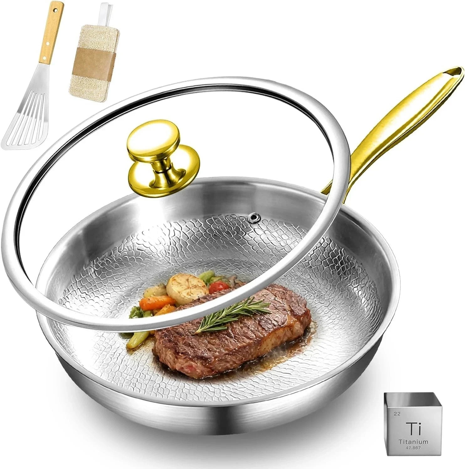 Pure Titanium Hammered Frying Pan with Lid, 12 Inch Skillet, No Coating Cookw…