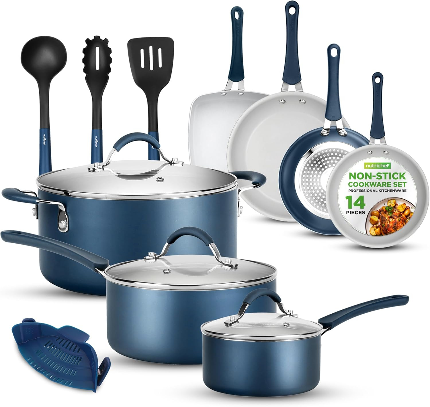 14-Piece Navy Blue Cookware Set – Durable Non-Stick Pots and Pans Set with Lids