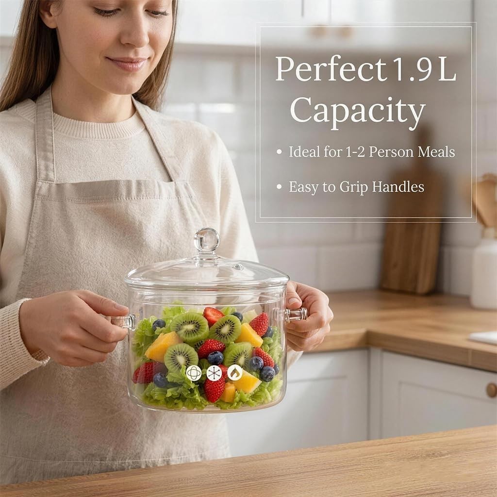 Clear Glass Pot, 1.9L, Cooking Pot with Lid and Handle, Clear Saucepan,