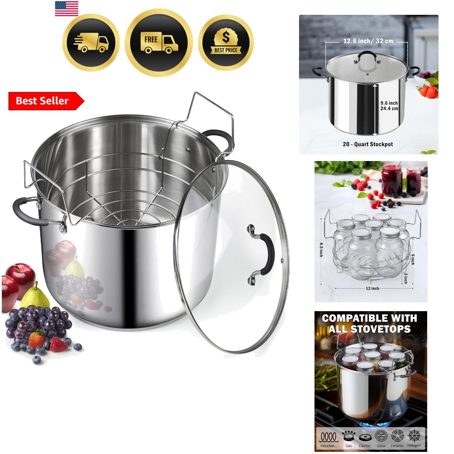 Professional 24 Quart Stainless Steel Stock Pot with Lid, Water Bath Canner w…