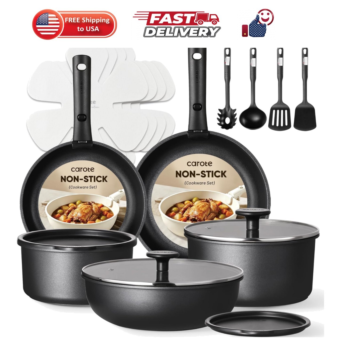 19pcs Pots and Pans Set Non Stick, Detachable Handle Cookware | Kitchen Cooki…