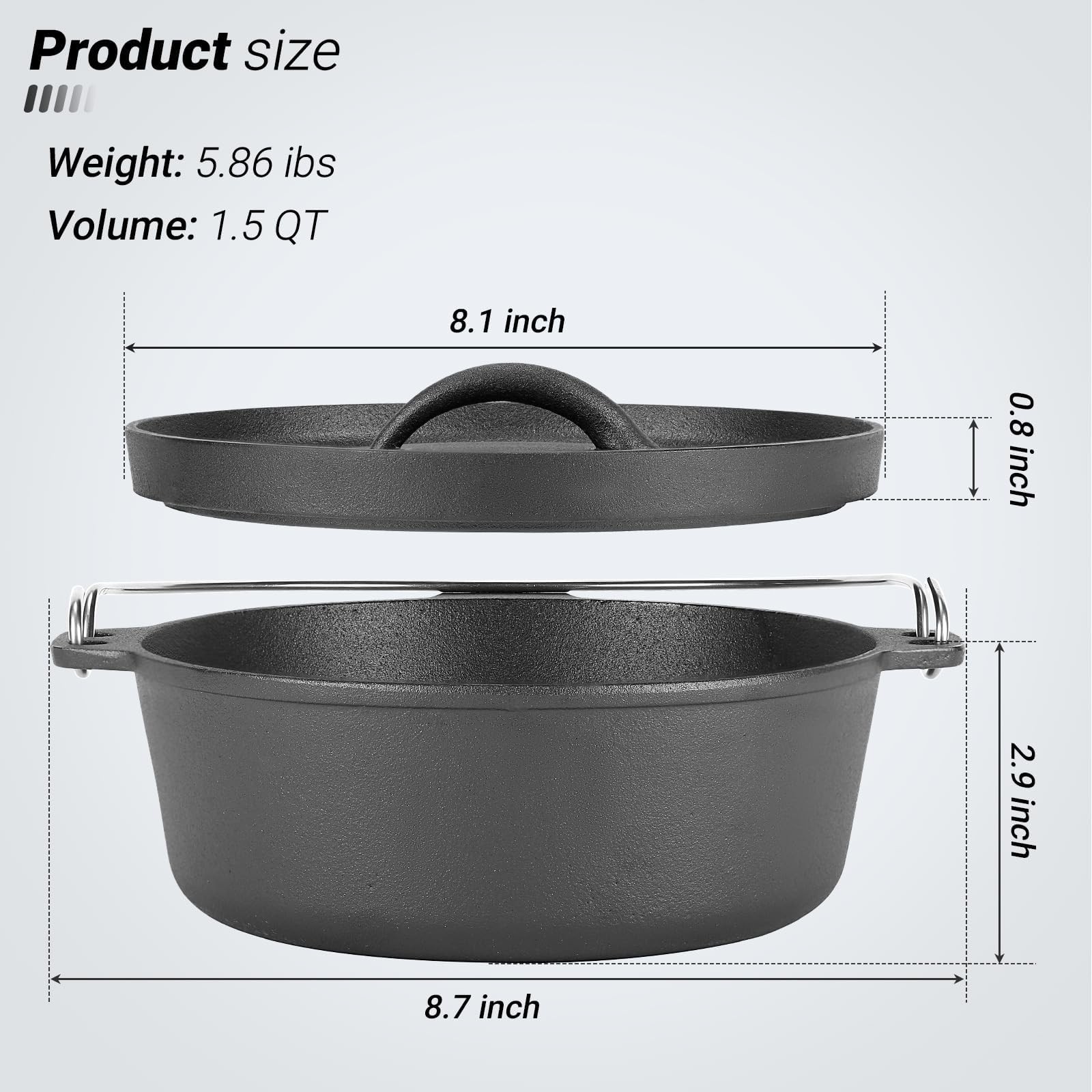 Northriver Casting Cast Iron Dutch Oven Pot with Lid, for Small 1.5QT, Black