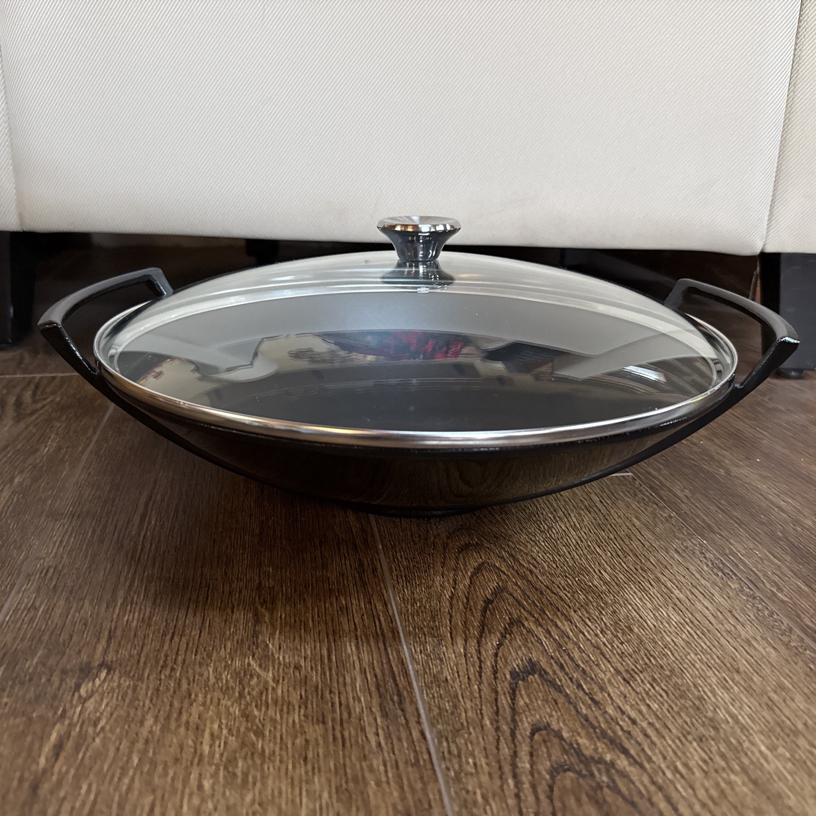 Le Creuset Black Cast Iron Wok with Lid 36 Made In France Excellent Condition