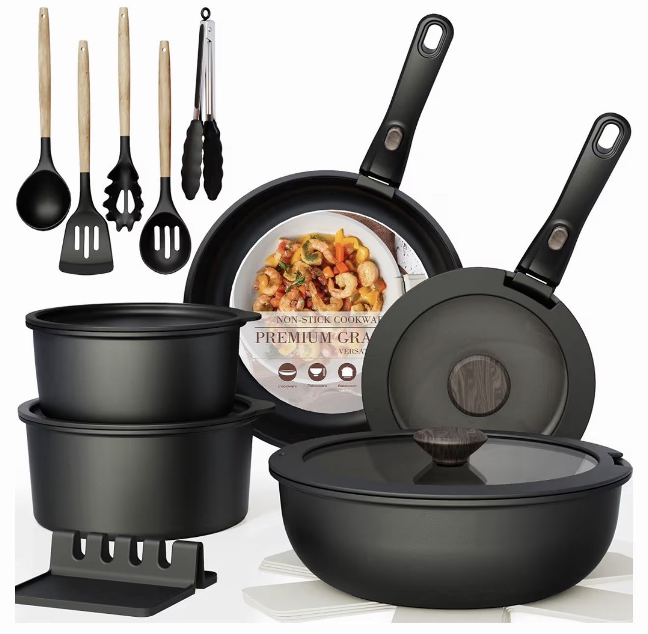 21-Piece Black Non-Stick Cookware Pan Set w/ Removable Handles, Lids