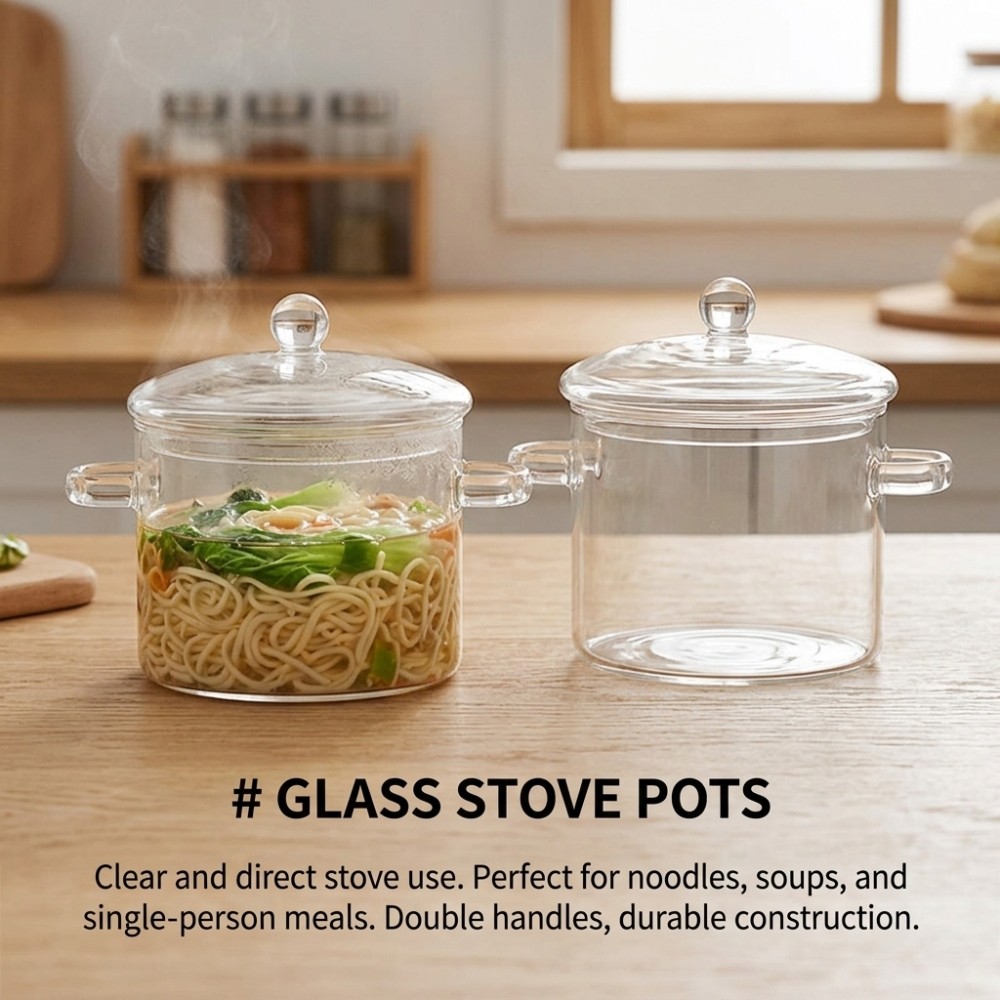 Borosilicate Glass Cooking Pot 1500ml Heat Resistant Stew Pan for Kitchen 2 Pack