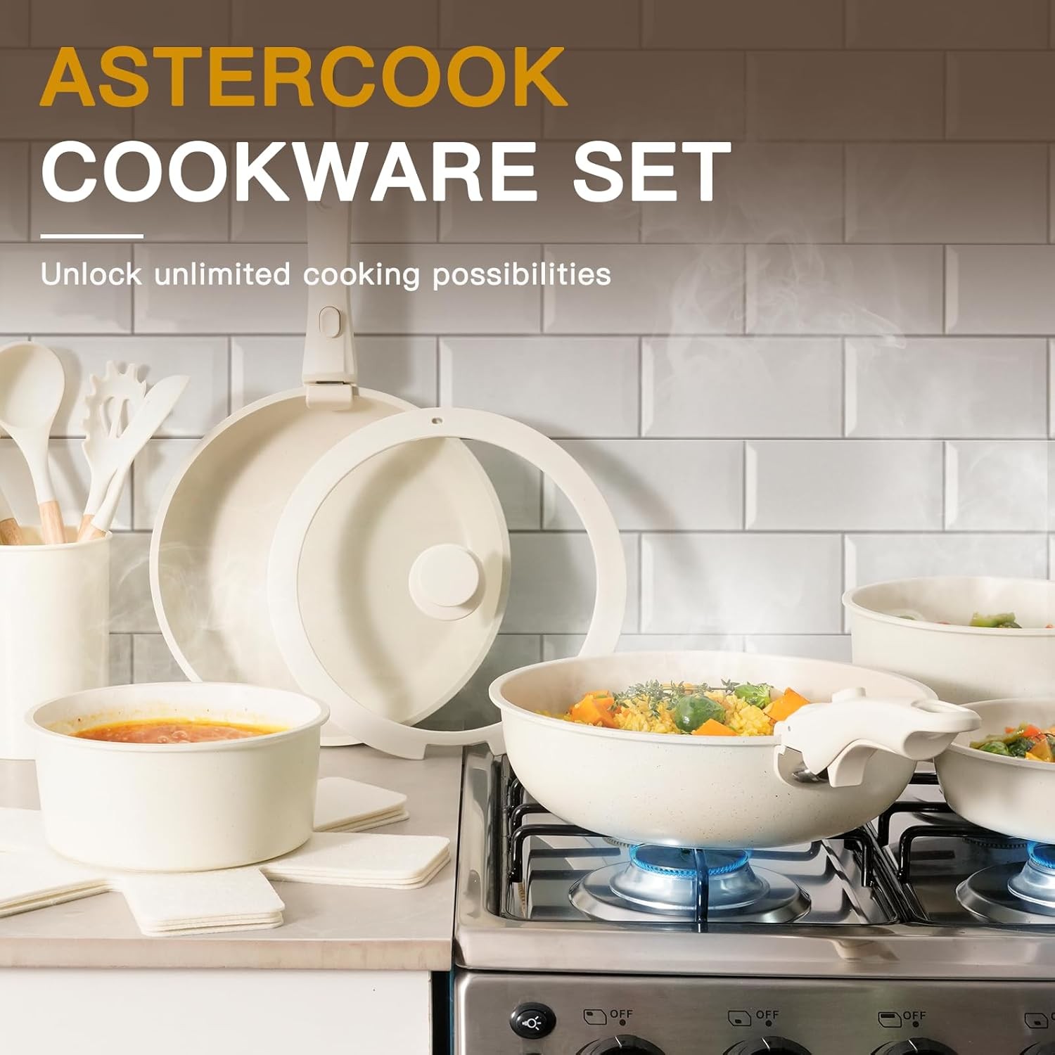 Astercook 21 Pcs Pots and Pans Set Non Stick, Ceramic Cookware Set Detachable Ha