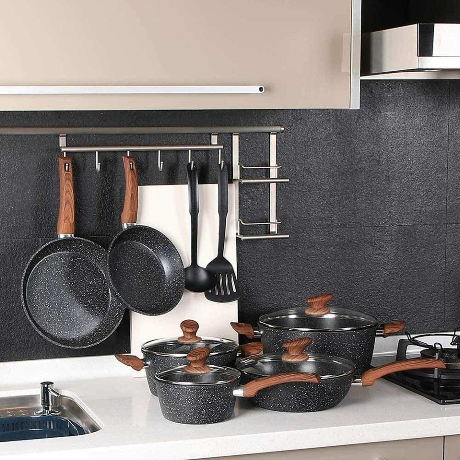 12 Pieces Kitchen Pots & Pans Set Nonstick Cookware Set Granite Coated w/ Lid