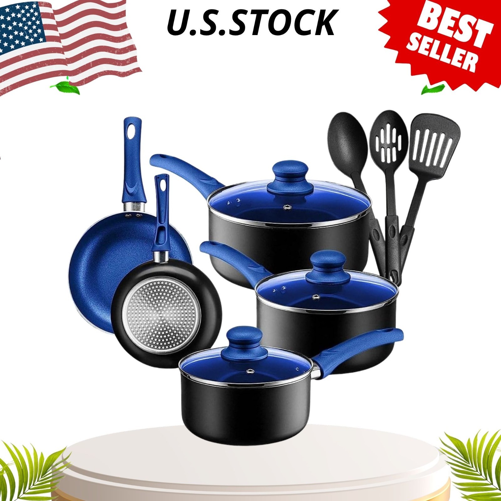 NEW 11Pc Nonstick Aluminum Pots and Pans Cookware Set Blue