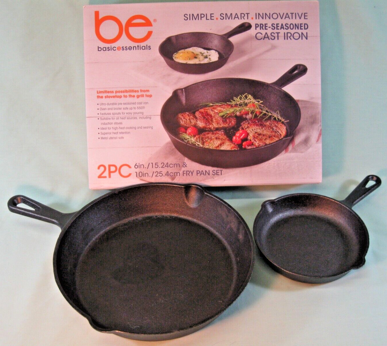 CAST IRON FRY PAN SET 2 Pc Basic Essentials Pre-Seasoned 6” & 10” Skillets NIB