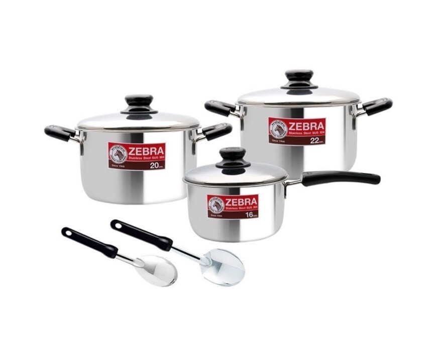 Thai Zebra Brand Kitchenware Set 3 Sauce Pots Set with 2 Ladles Stainless Steel