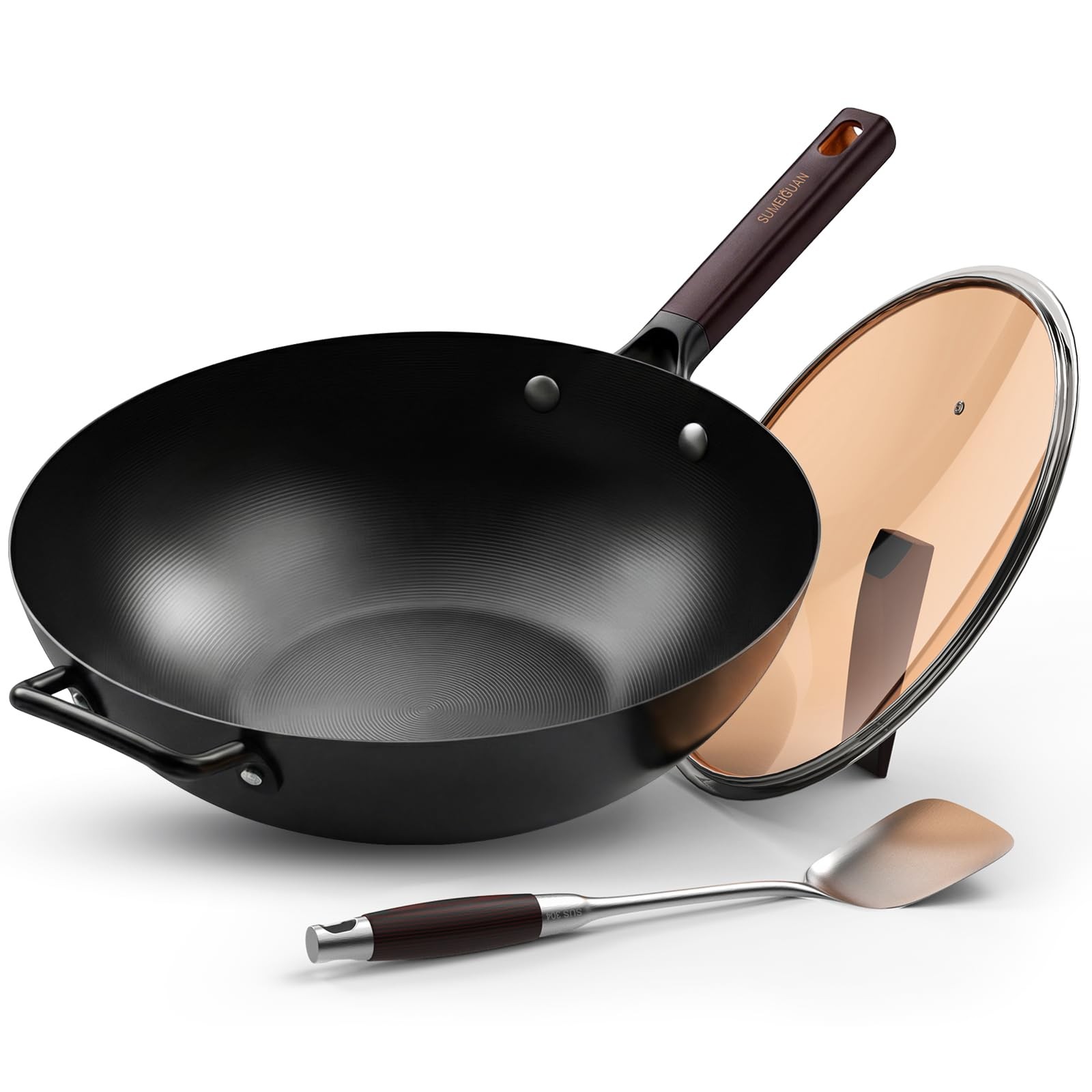 13.5″ Carbon Steel Wok Pan – Pre-Seasoned Flat Bottom Woks & Stir-fry Pans Ch…