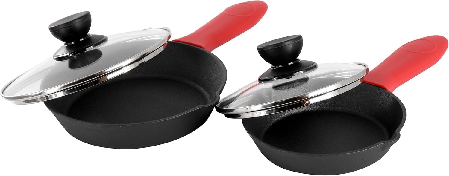 MegaChef 13 Piece Pre-Seasoned Cast Iron Skillet Set Tempered Glass Lids Silicon