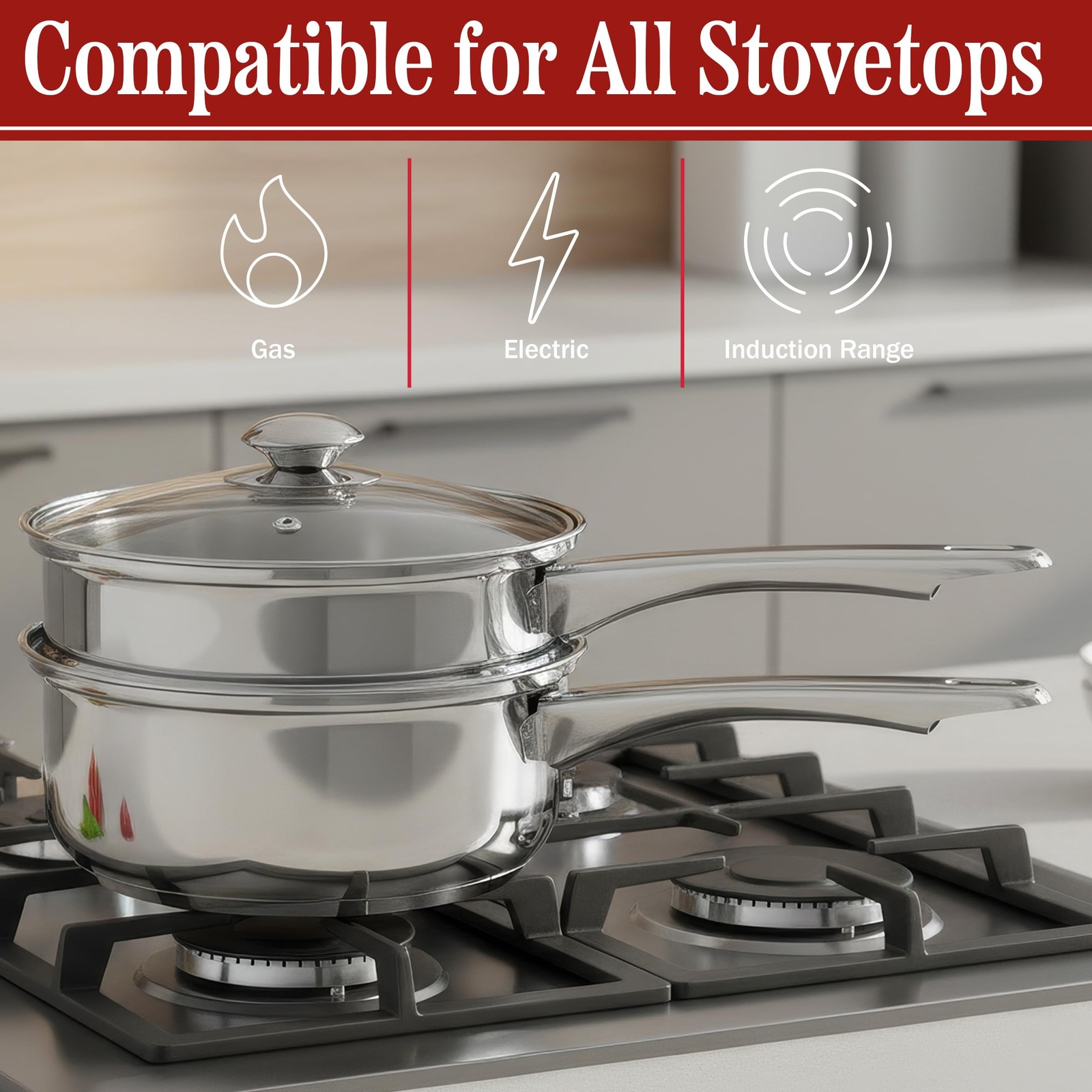 6 Cup Double Boiler Pot Set 1.5 Quart Stainless-Steel Saucepan 2-In-1 Vented