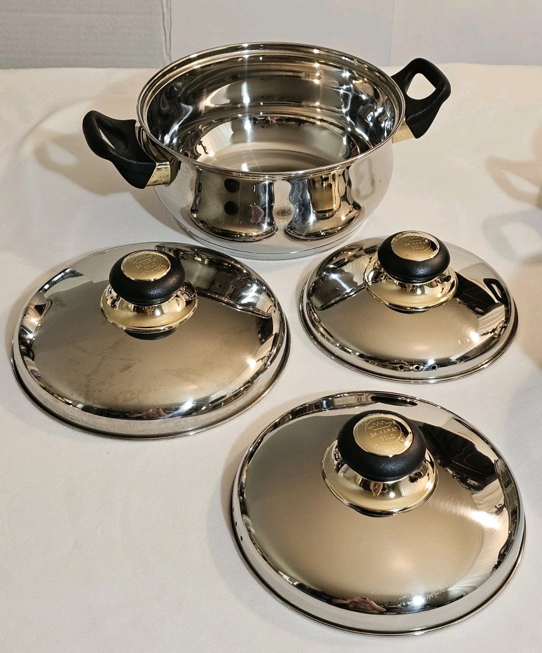 Vtg Cook Well High-quality Stainless Steel Pots & Pans W/Gold Plating -Set Of 11