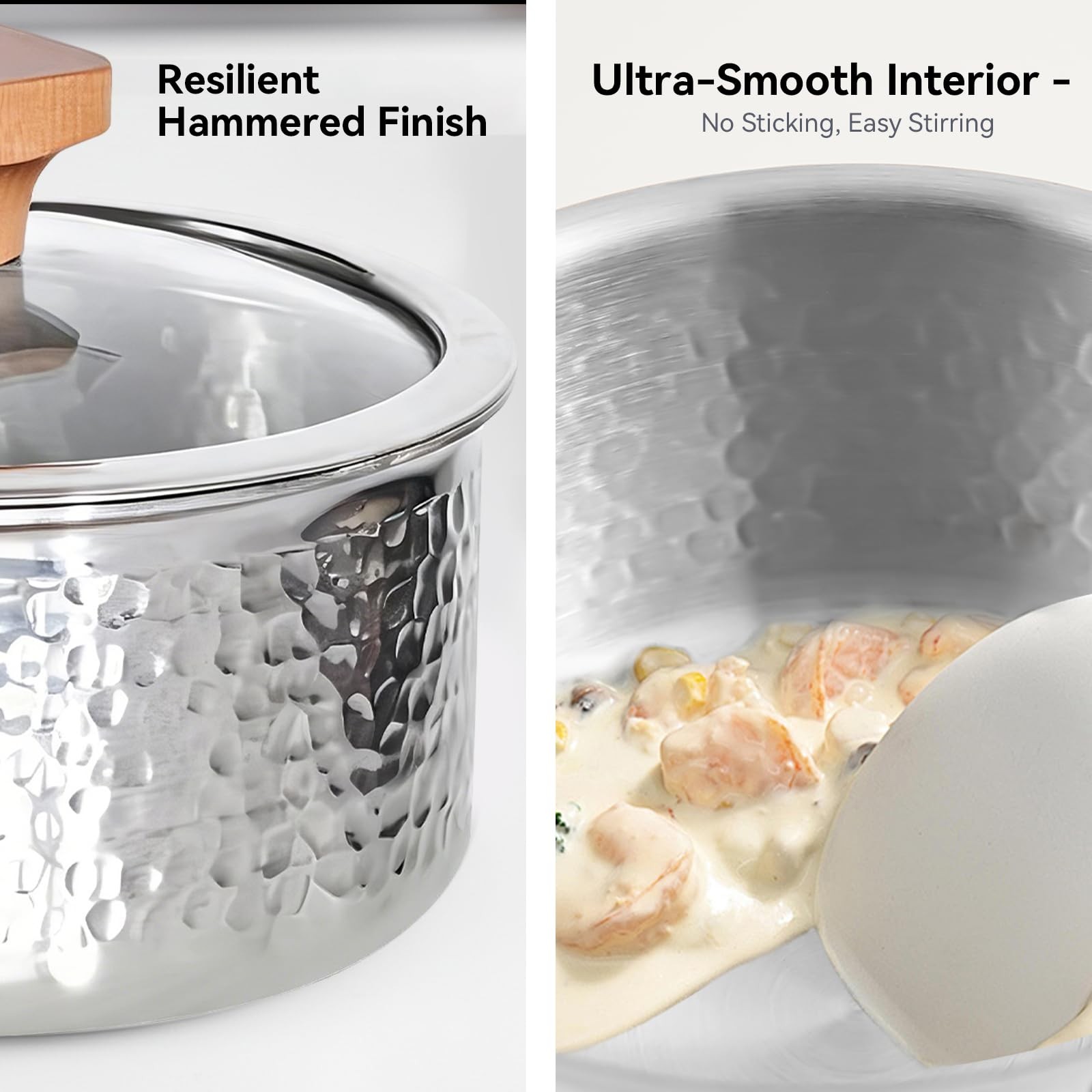 1.8 Quart TriPly Stainless Steel Saucepan With Lid Hammered Wood Handle Milk