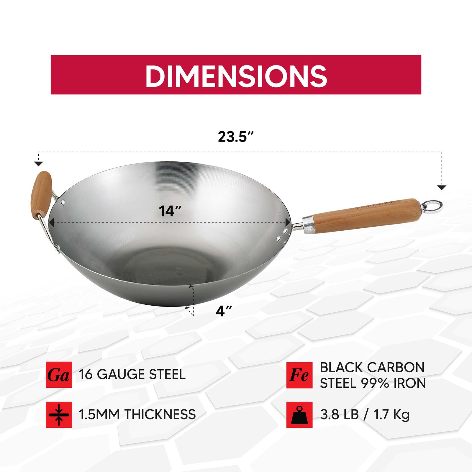 14-Inch Carbon Steel Wok with Bamboo Handle for Asian Cooking