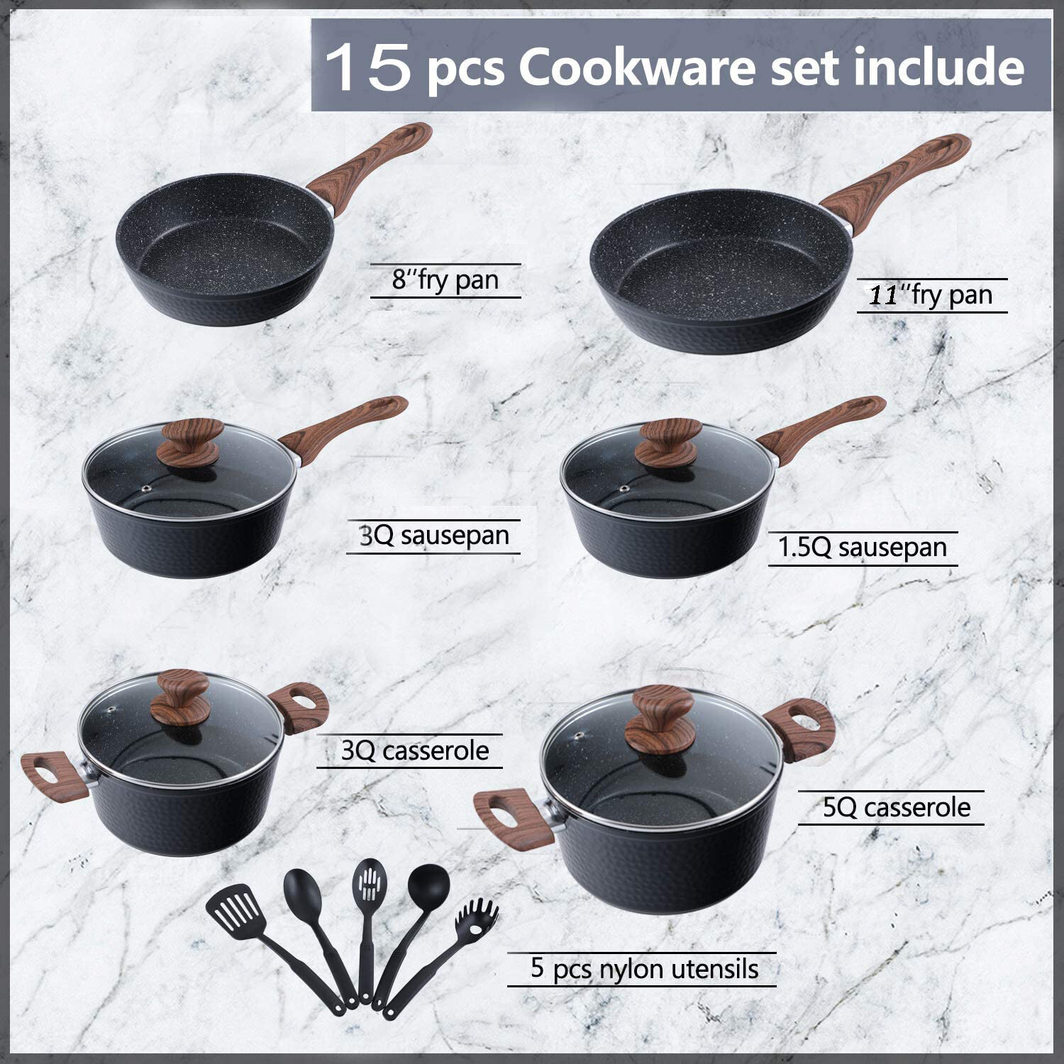 15 Piece Hammered Cookware Set Nonstick Granite Coated Pots and Pans Set Black