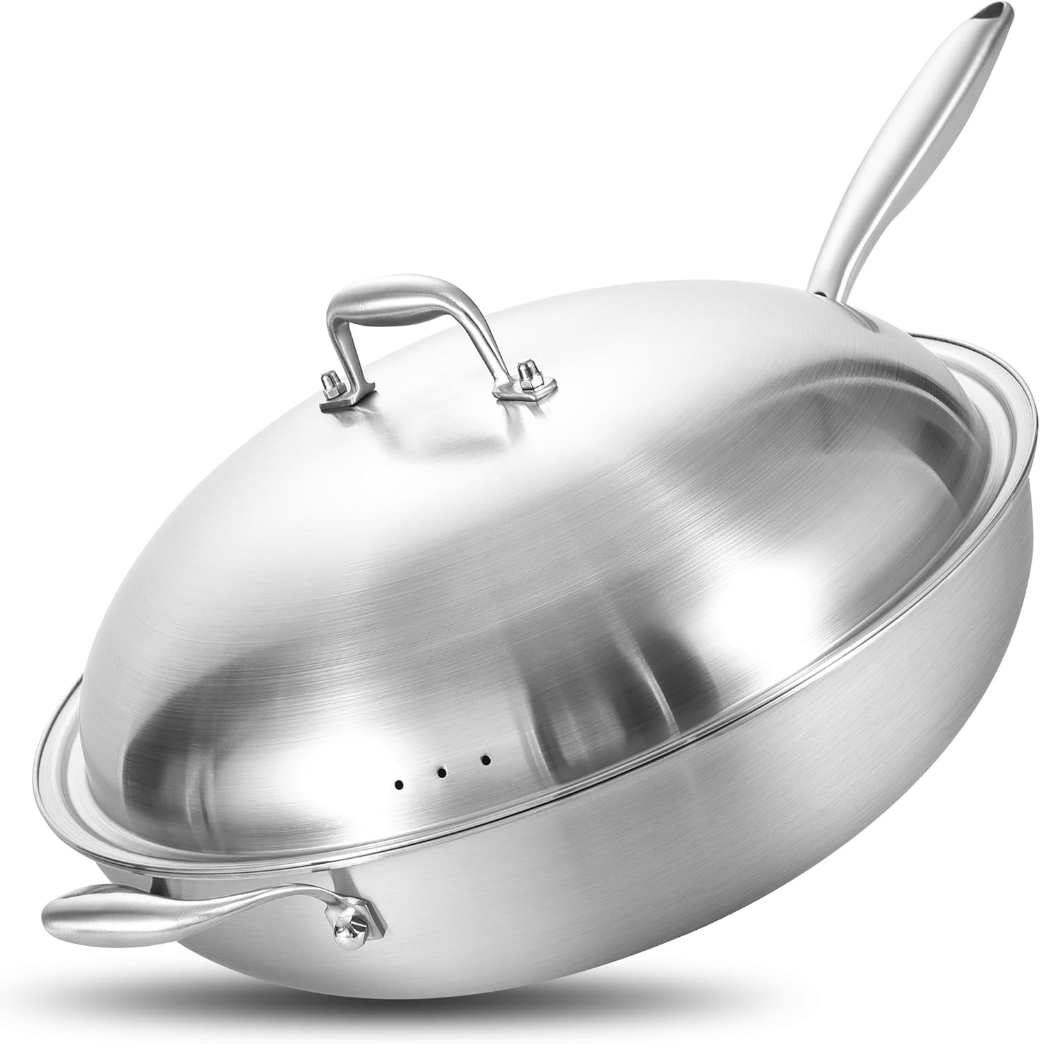 14.5 Inch Stir-Frying Wok Pan with Steel Lid, Tri-Ply Stainless Steel Induction