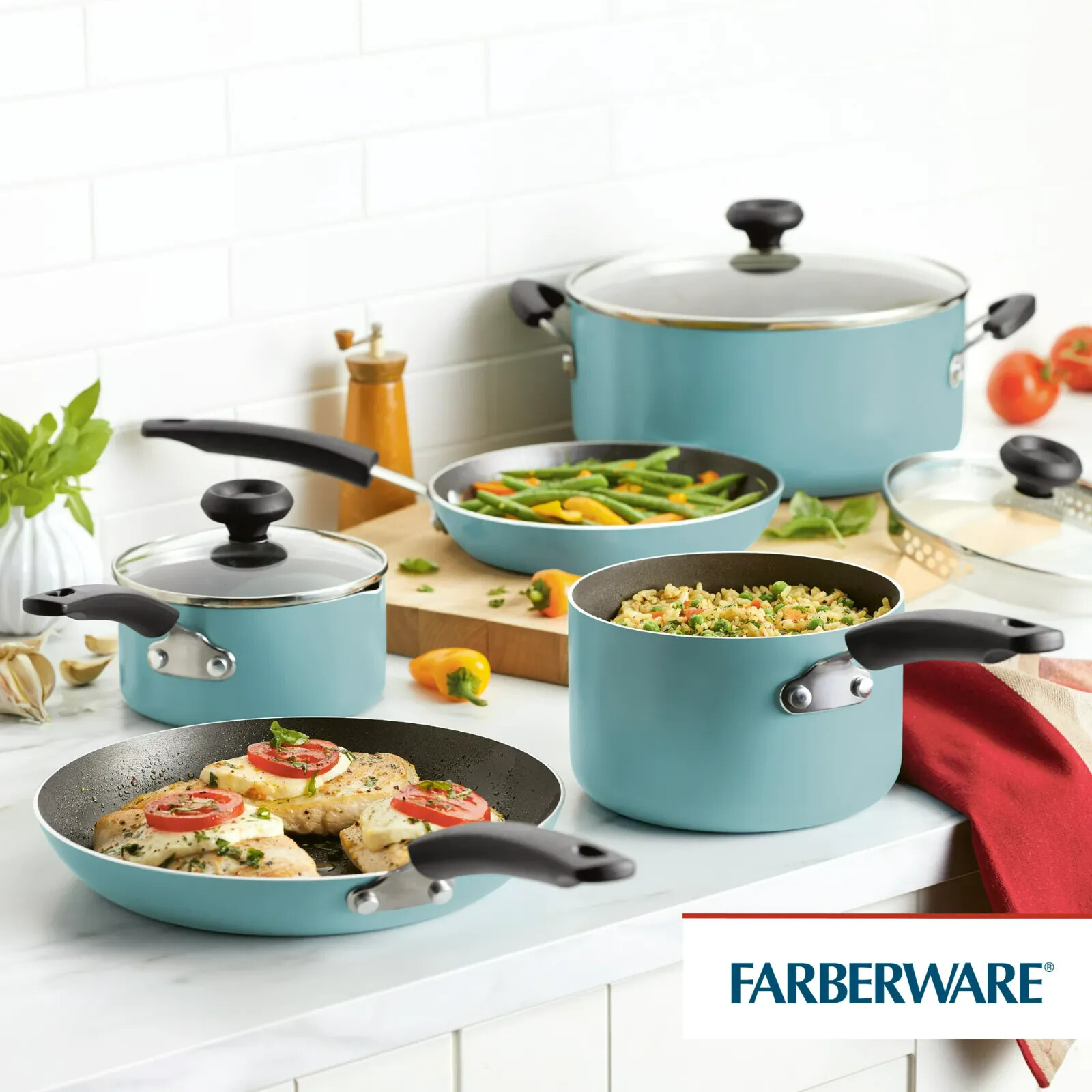New Aqua Nonstick Cookware Set Stock Pot Saucepan Fry Skillet Pan Pasta Fork
