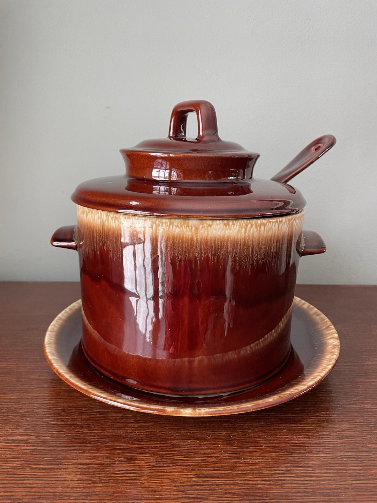 Vintage McCoy Pottery Drip Glaze Soup Tureen Bean Pot with Plate, Lid and Ladle