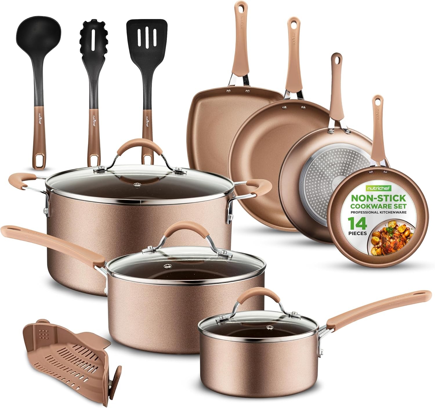 NutriChef 14 Piece Nonstick Cookware Set Shiny Golden Induction Ready Pans