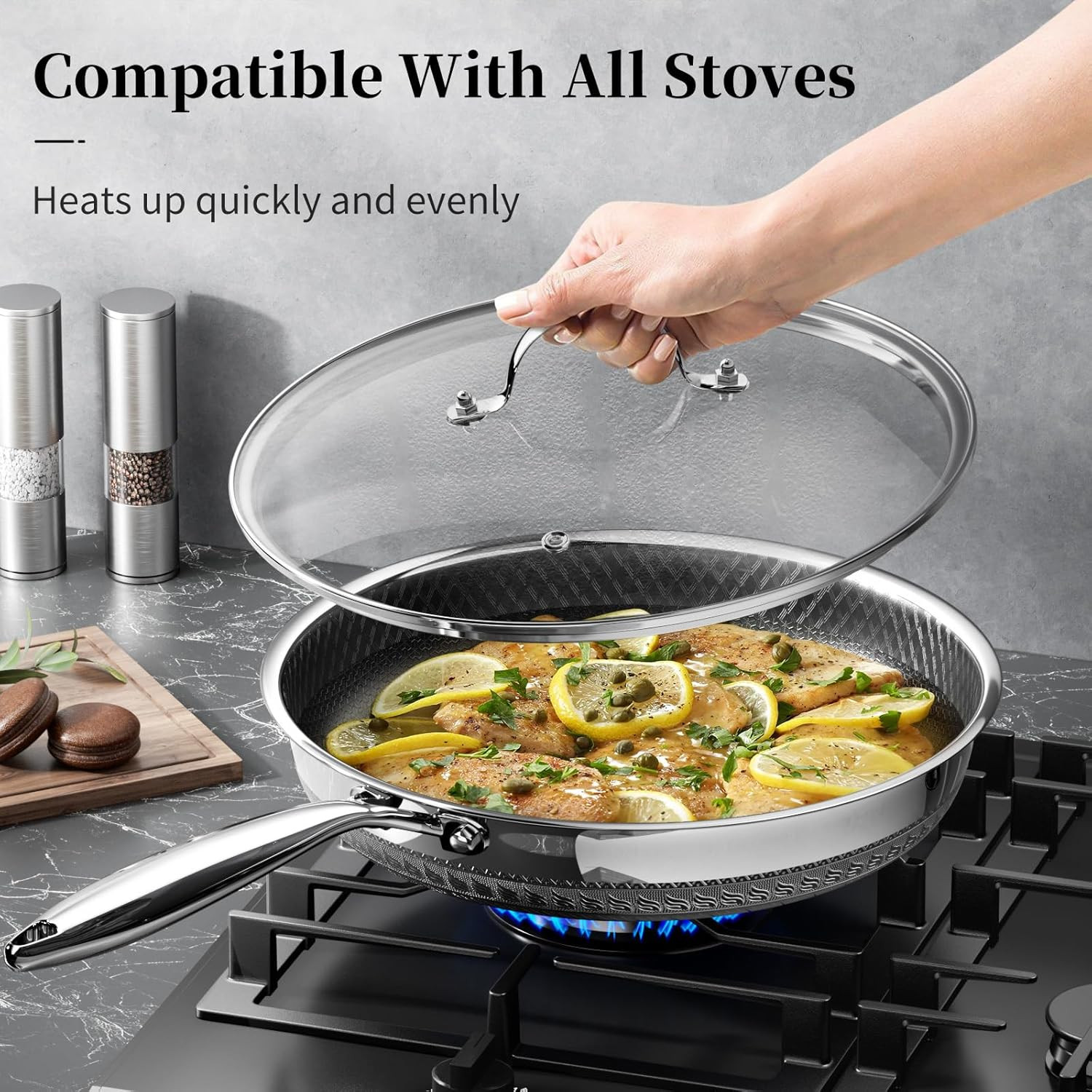 12″ Non-Stick Ceramic Hybrid Frying Pan with Lid – Induction Safe, Metal Utensil