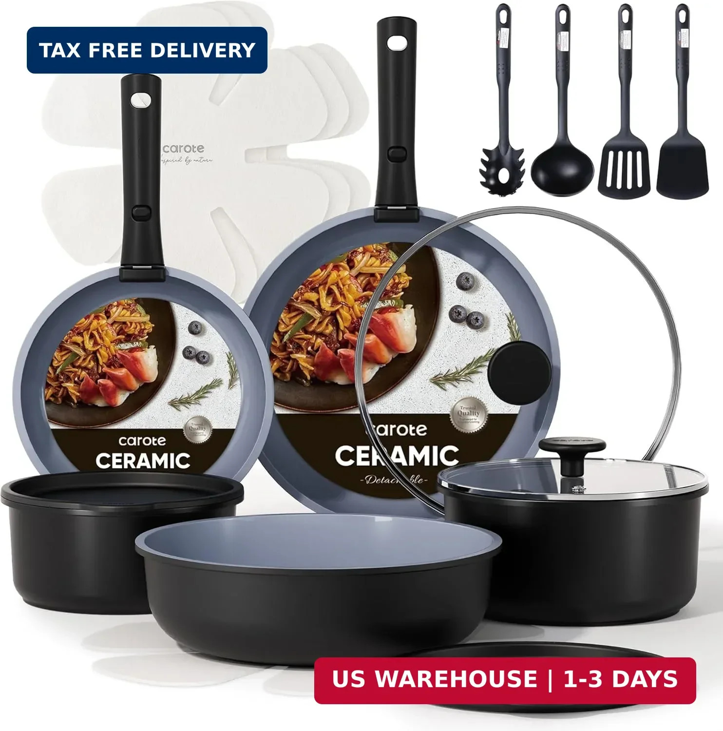 CAROTE 19pcs Ceramic Cookware Set Detachable Handle,Pots and Pans Non Stick | Ki