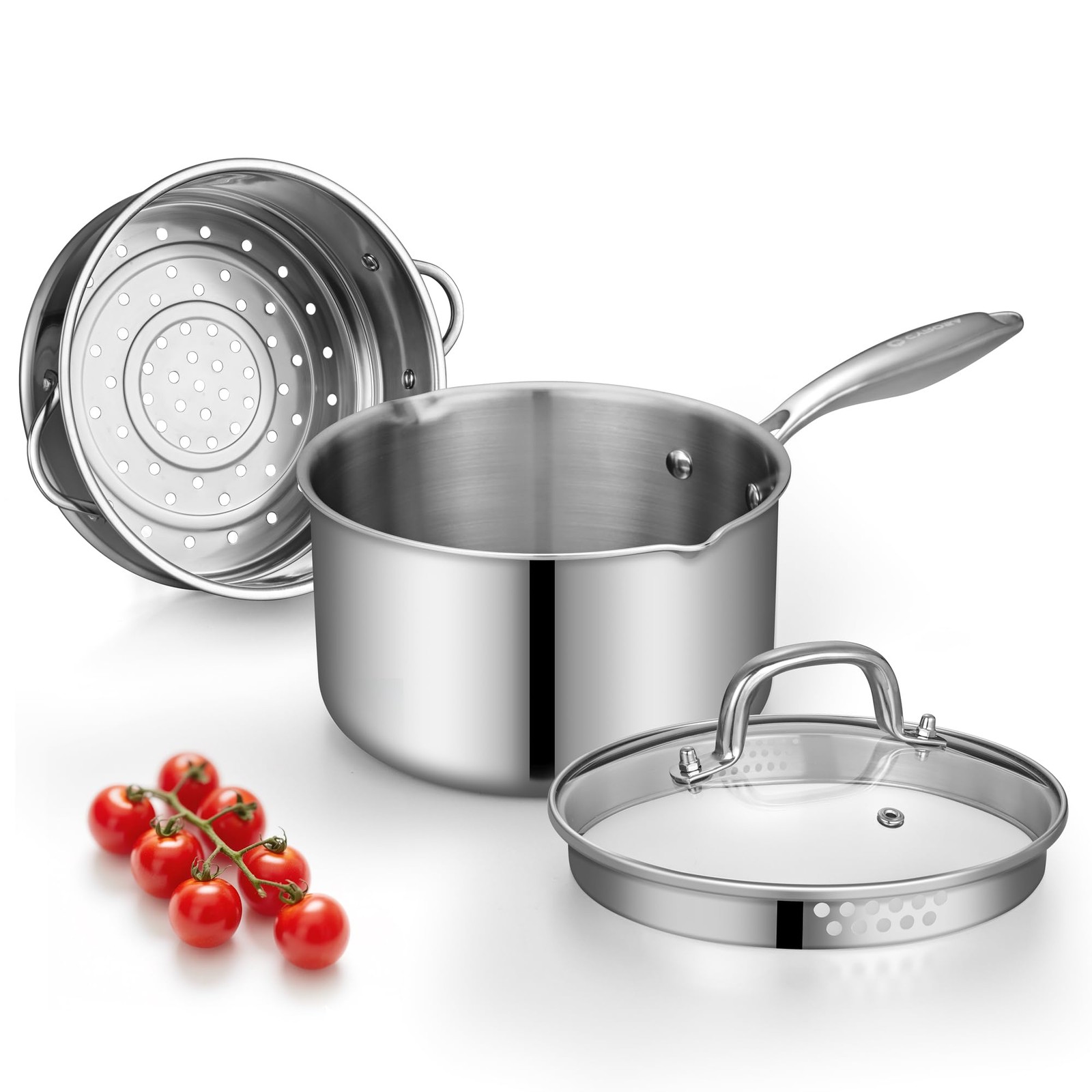 Cyrosa Tri-Ply Stainless Steel Sauce Pan Steamer Glass Lid