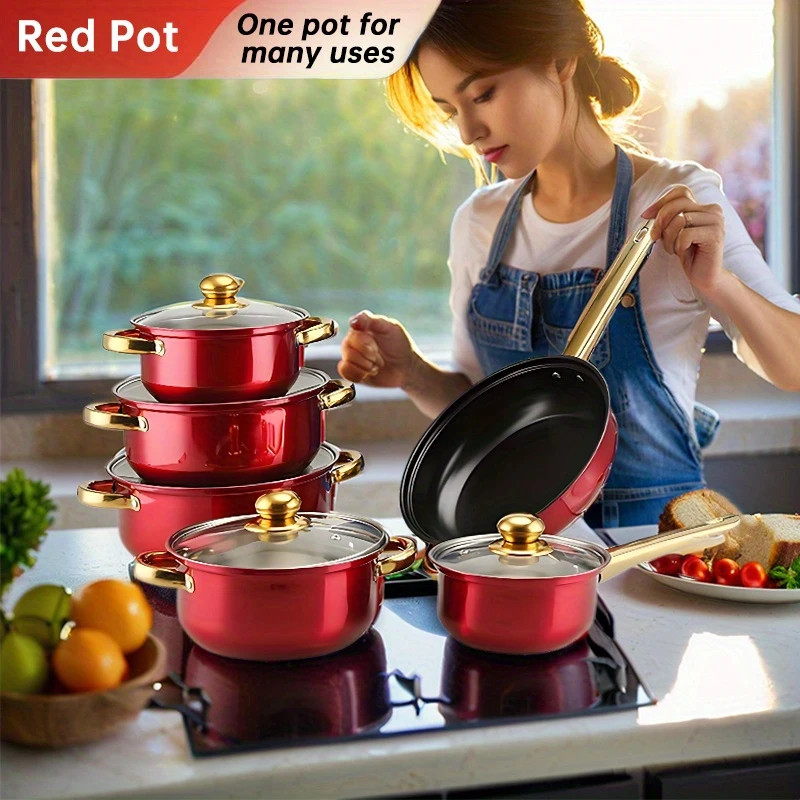 12 Piece Cookware Set Nonstick Pots and Pans Home Kitchen Cooking Non Stick, Red