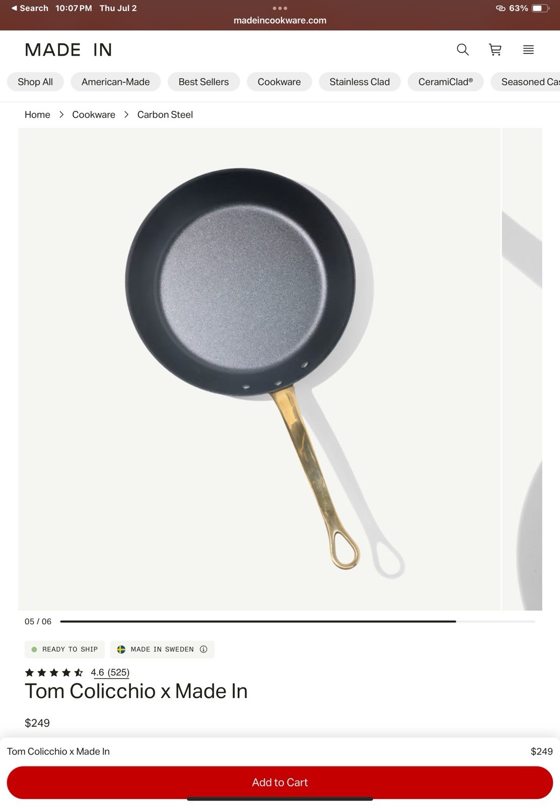 Made In Cookware Carbon Steel Tom Colicchio 11” Frying Pan W/ Brass Handle