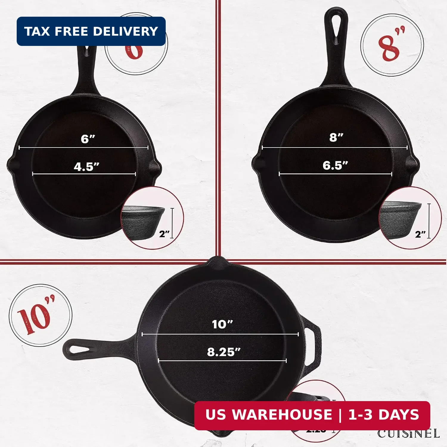 Cuisinel Cast Iron Skillets Set – 3-Piece: 6″ + 8″ + 10″-Inch Chef Frying Pans –