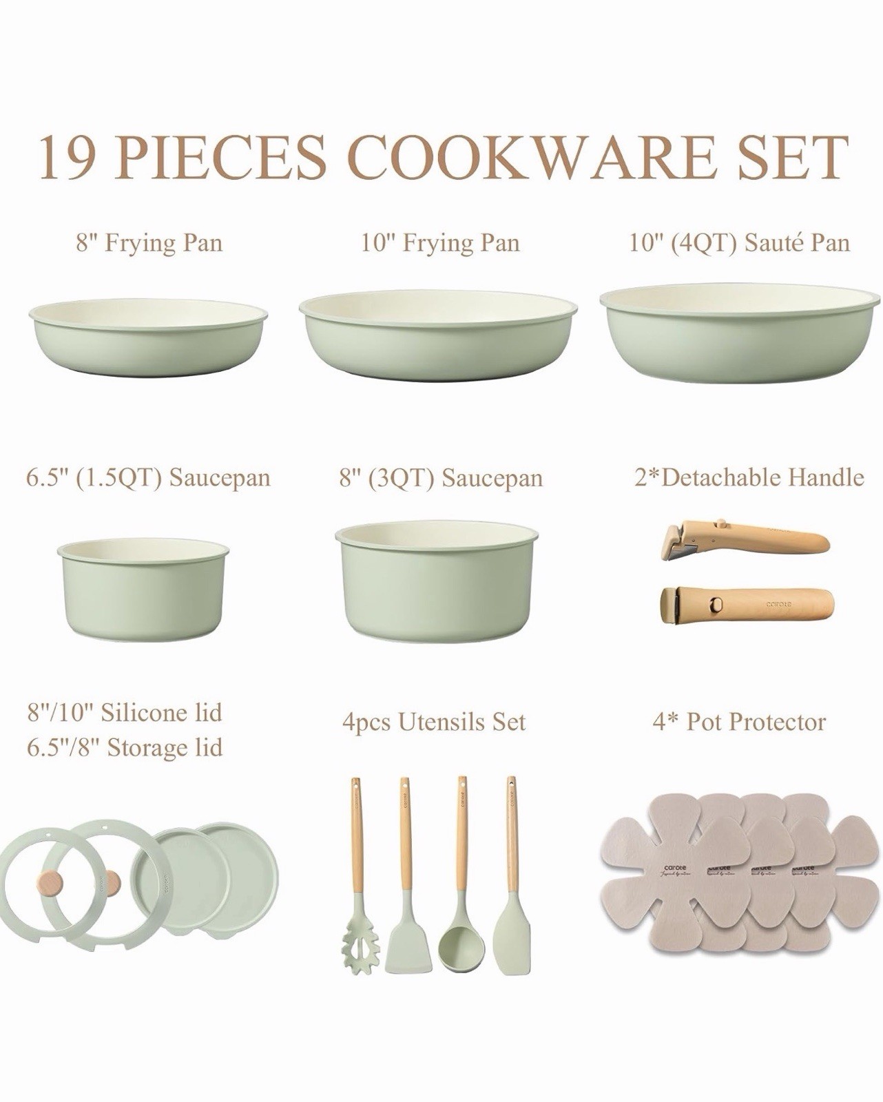 CAROTE Pots and Pans Set Nonstick Cookware Set Detachable Handle 19pcs Induction