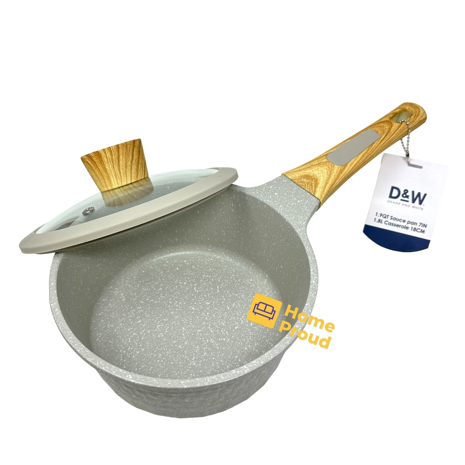 D&W Saucepan Casserole Pot NonStick With Lid 7 inch Small StockPot 1.9 Qt Beige