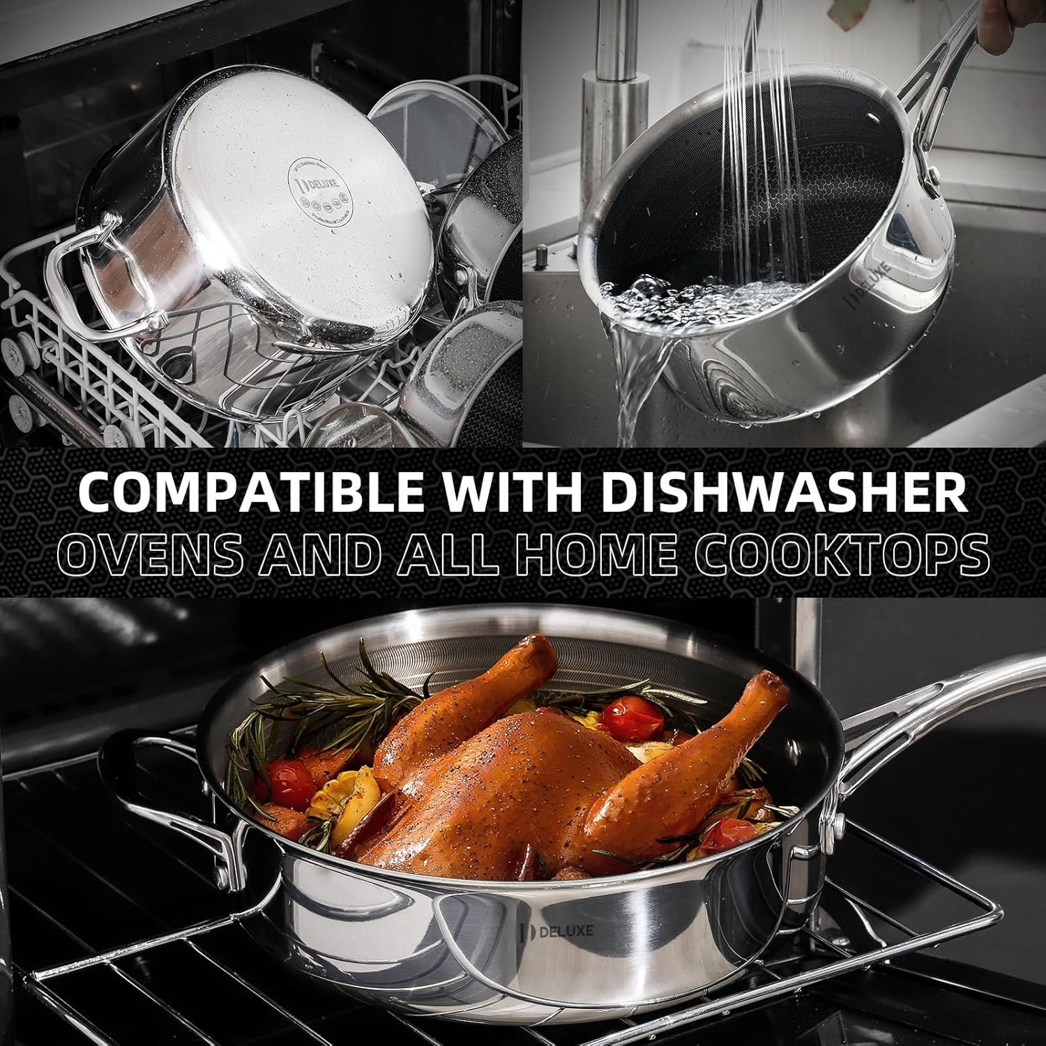 DELUXE 13Pc Hybrid Ceramic Nonstick Stainless Steel Cookware Set Pans & Lids