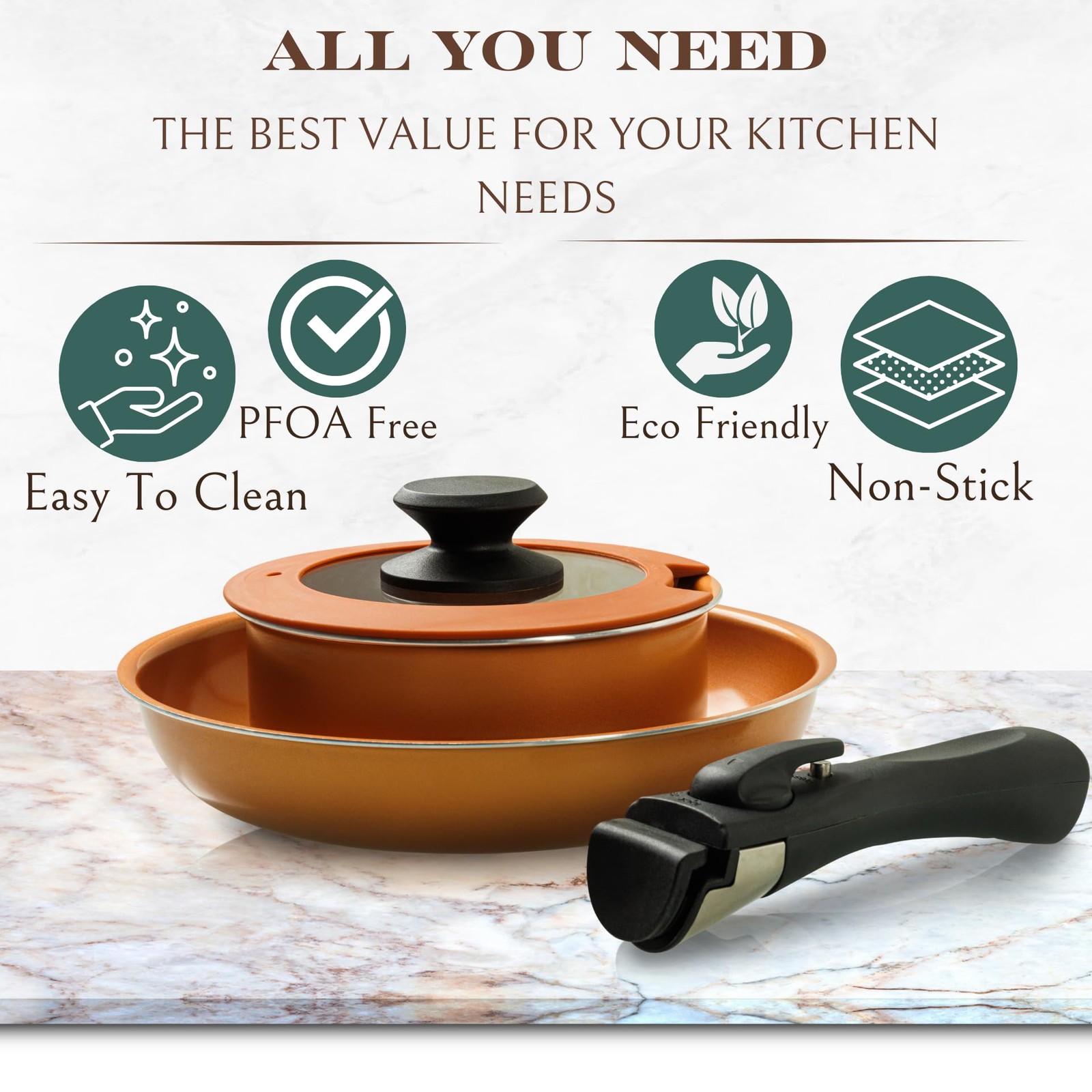 Moss & Stone Copper Pots And Pans Set Nonstick, Removable Handle Cookware, Stack