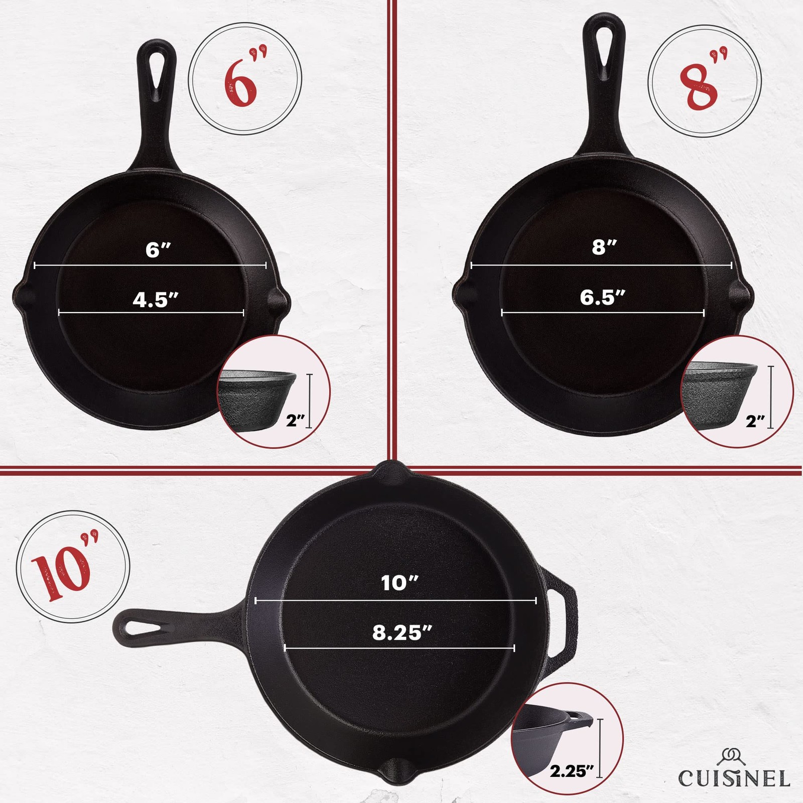 Cuisinel Cast Iron Skillets Set – 3-Piece: 6″ + 8″ + 10″-Inch Chef Frying Pan…