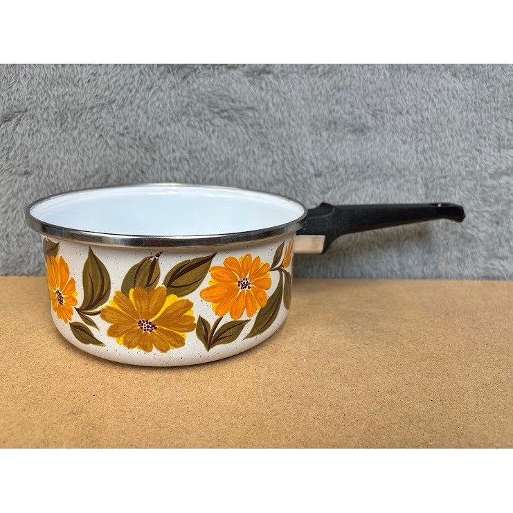 Vintage JMP Capri Spain Enamel Saucepan Yellow Orange Floral Retro 70s MCM Pot