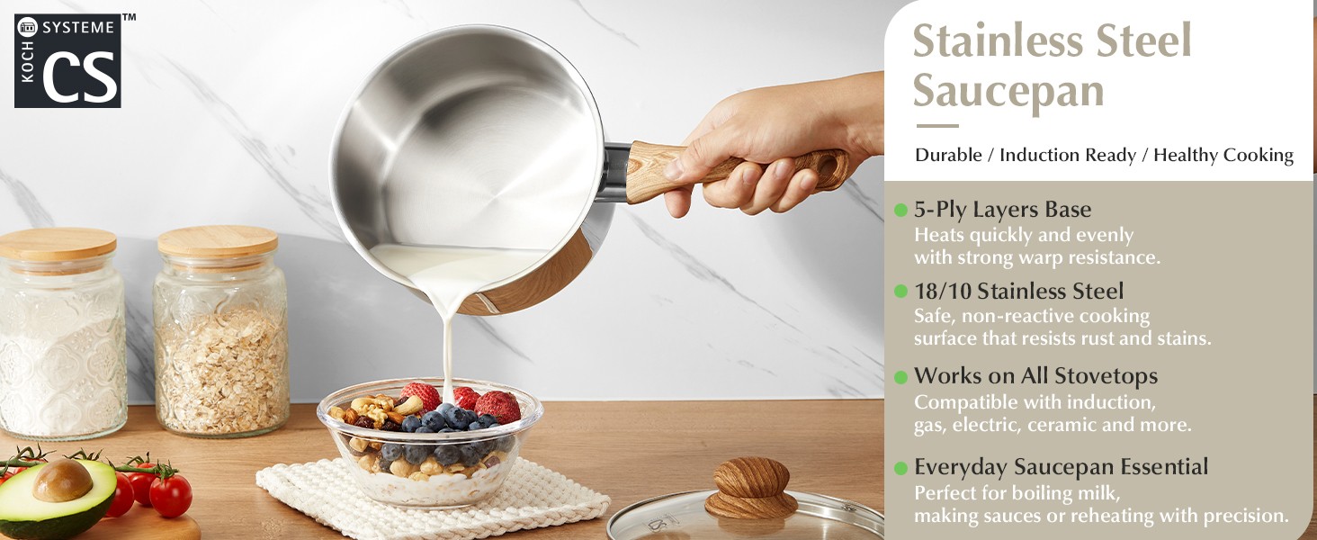 Stainless Steel Pots, 6 Piece Sauce Pan Set with Lids, 1QT, 2QT, 3QT Stainless