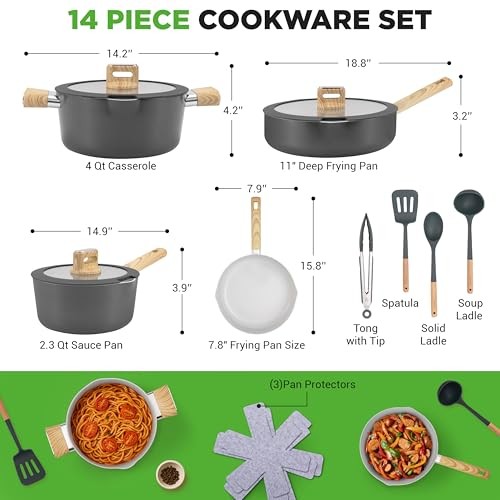 NutriChef 14-Piece Non-Stick Ceramic Cookware Set – (Black)