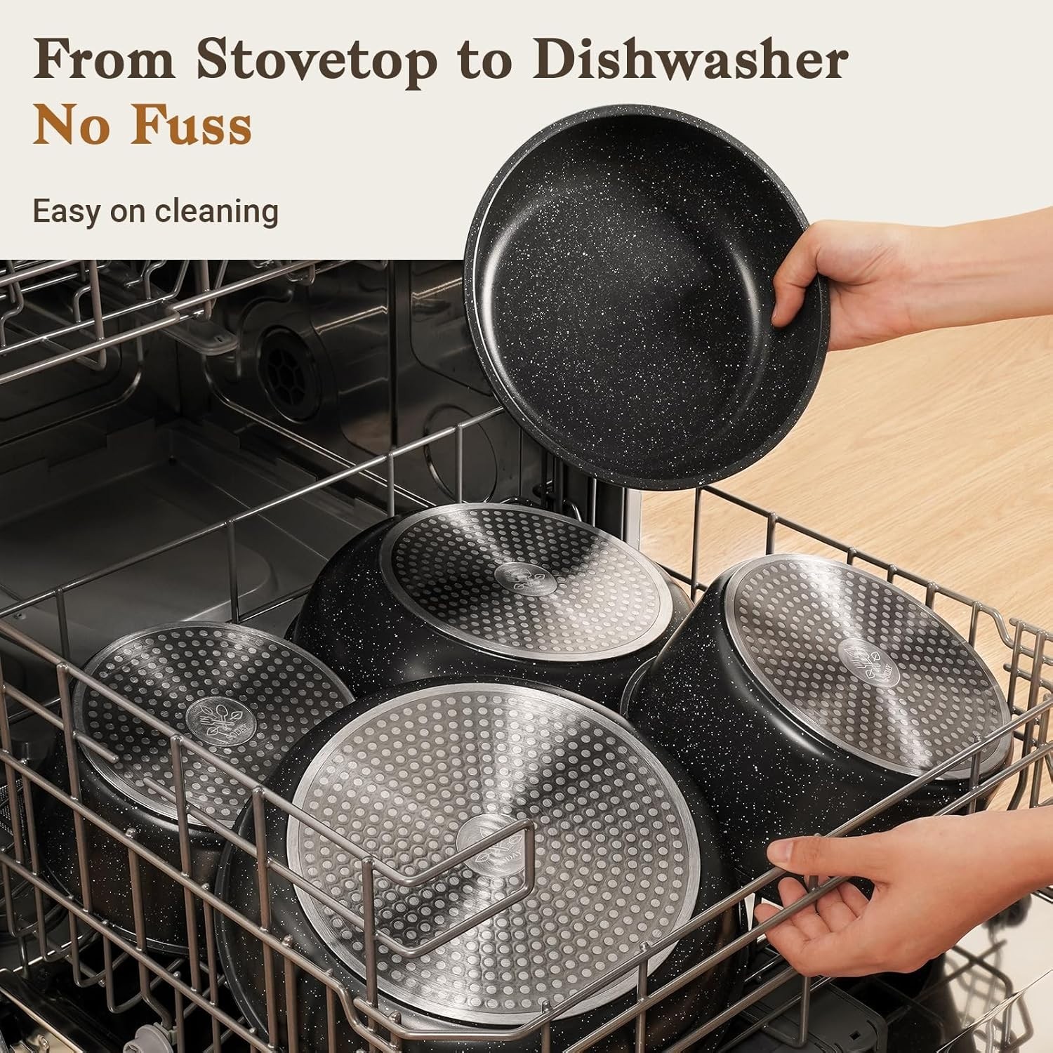 15Pcs Pots and Pans Set Non Stick Detachable Handle Induction Black Aluminum Gra