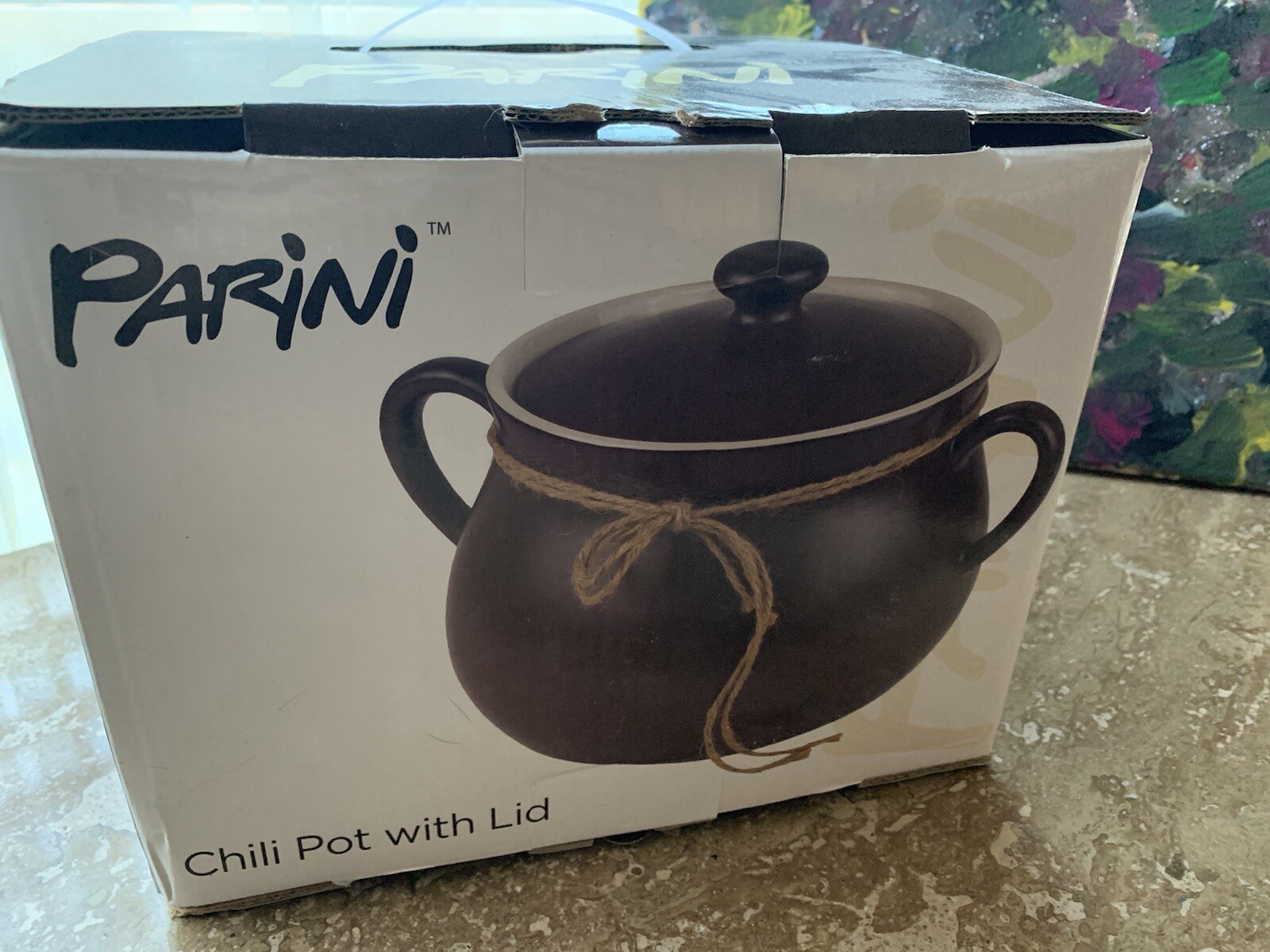 PARINI 5~QUART DARK BROWN & CREAM CERAMIC CHILI POT w/LID~NEW IN BOX