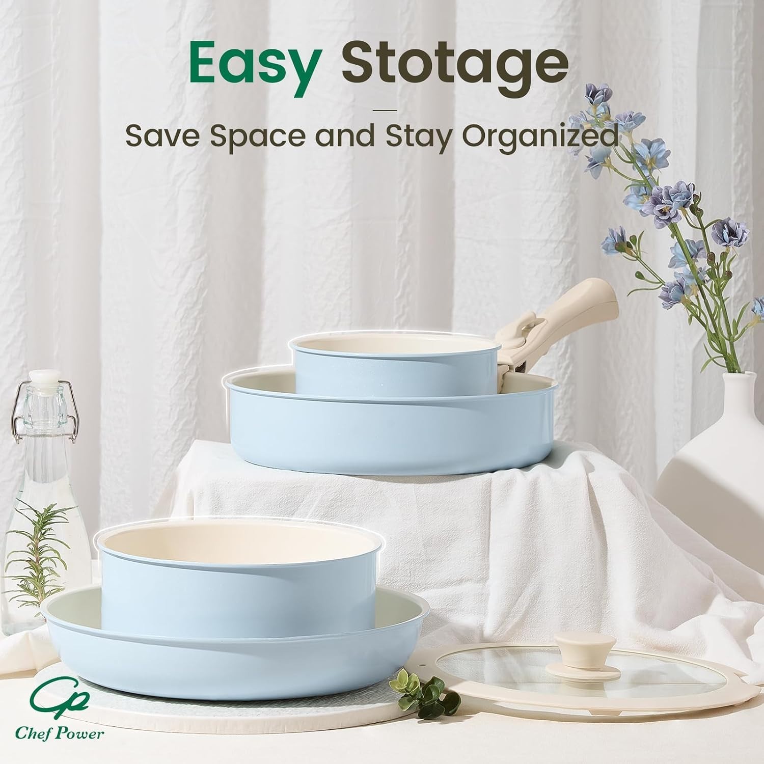 Versatile 19-Piece Ceramic Nonstick Pots and Pans Set with Detachable Handle